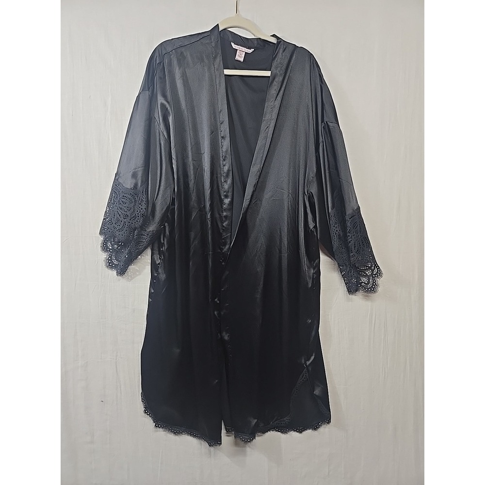Victoria's Secret M/L Solid Black Satin Robe With Lace Trim Elegant Luxury